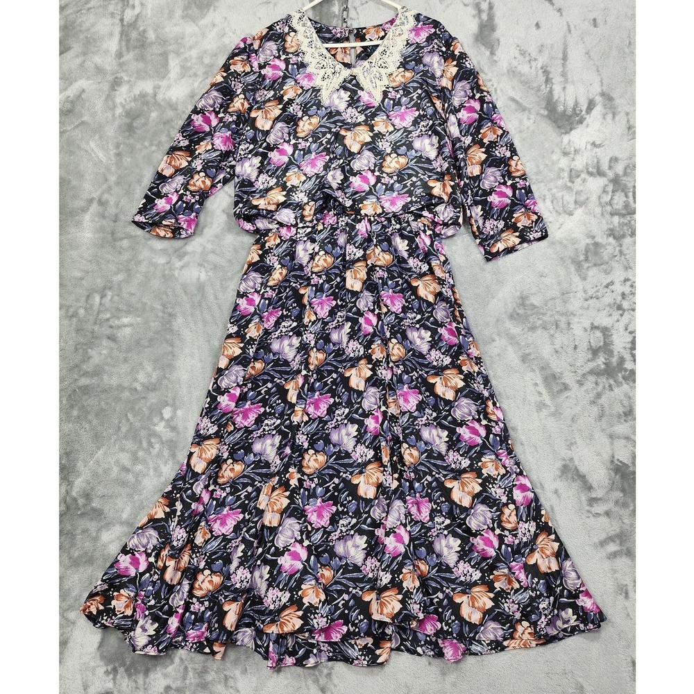 Vintage Starlo Fashions‎ Dress Women L Black Floral Lace Collar Maxi Boho Granny